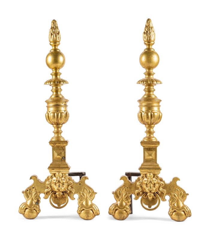 A Pair of Continental Baroque Style Brass Andirons: A Pair of Continental Baroque Style Brass Andirons Late 19th/20th Century Height 35 x width 14 inches. This lot is located in Chicago. Property of a Private Collector, Chicago, Illinois