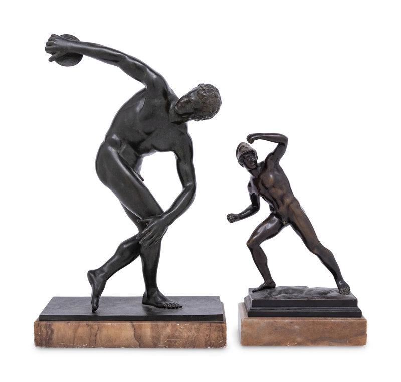 Two Bronze Figures Depicting a Discus Thrower and an Athlete: Two Bronze Figures Depicting a Discus Thrower and an Athlete 19th Century the shorter stamped illegibly in the ground. Height of taller overall 13 1/4 x width 8 1/4 x depth 3 7/8 inches.