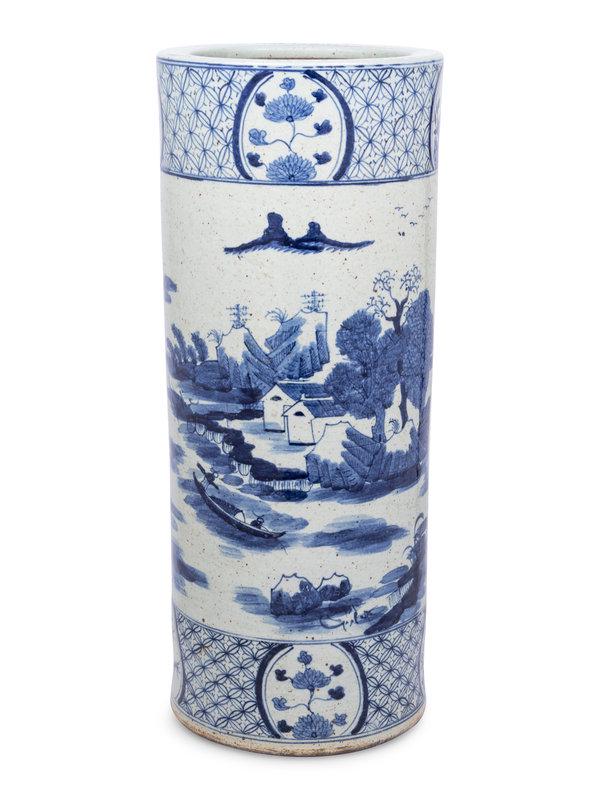 A Chinese Export Blue and White Porcelain Umbrella Stand: A Chinese Export Blue and White Porcelain Umbrella Stand 19th/20th Century Height 24 1/2 x diameter 10 1/4 inches. This lot is located in Chicago. Condition Condition