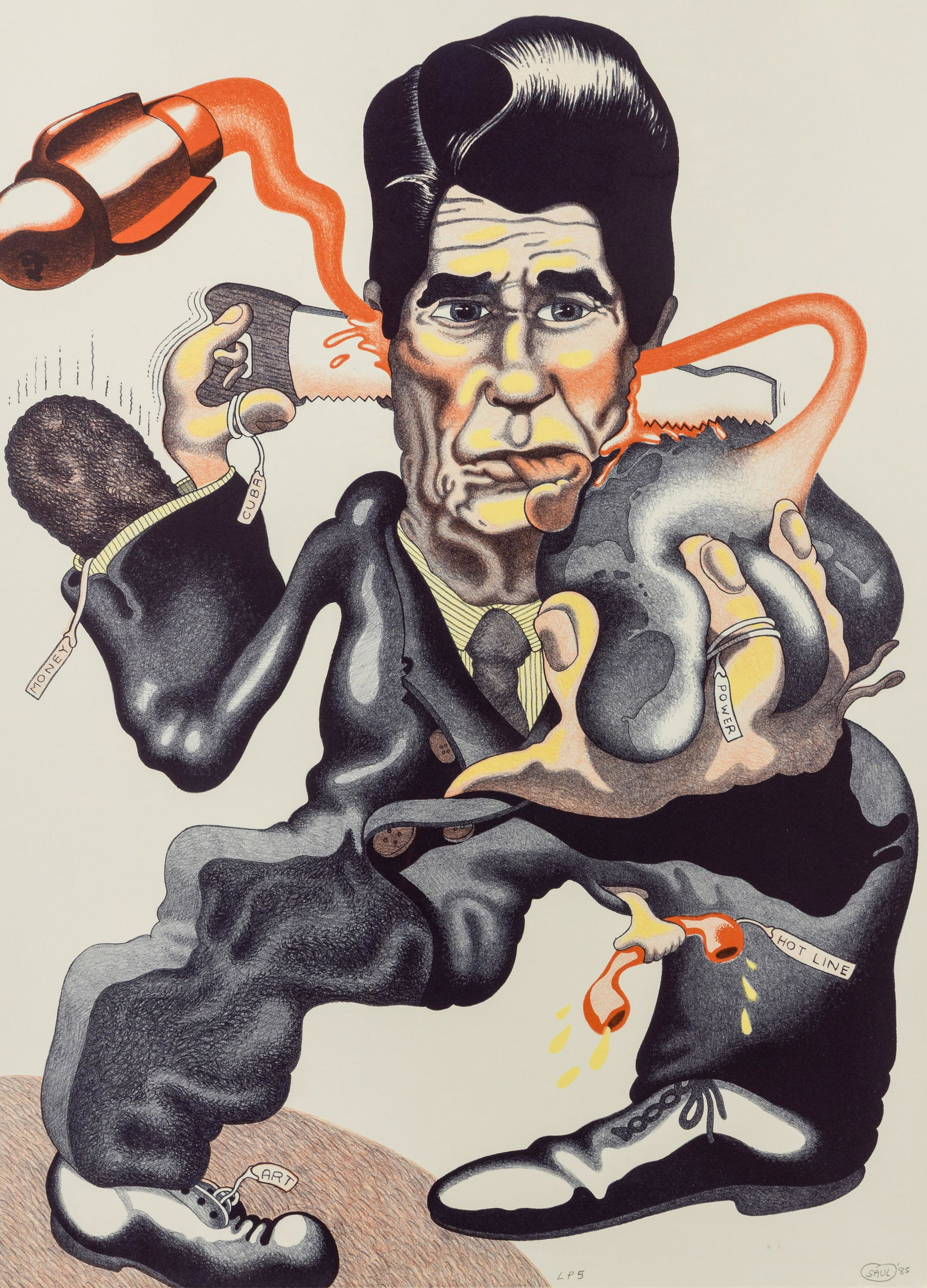 Peter Saul (American, b. 1934) Politics, 1985: Peter Saul (American, b. 1934) Politics, 1985 color lithograph signed, dated, and inscribed LP5 in pencil Overall: 32 1/4 x 23 1/2 inches. Provenance: Landfall Press, Chicago
