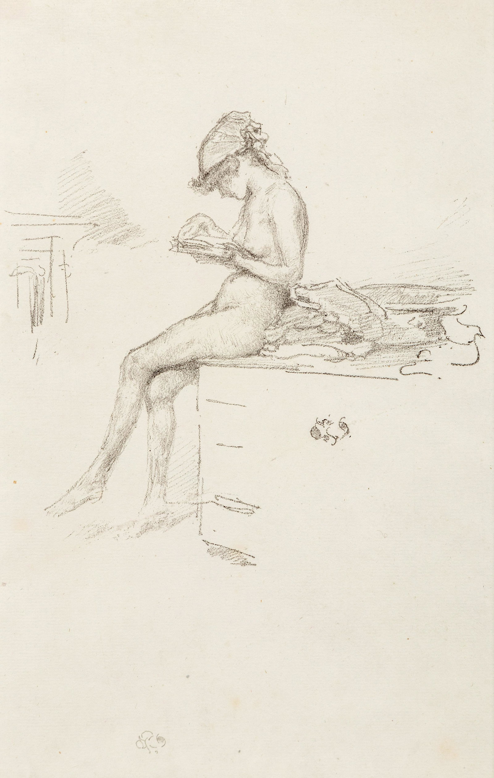 James Abbott McNeill Whistler (American, 1834–1903) The Little Nude Model, Reading, 1889-1890: James Abbott McNeill Whistler (American, 1834–1903) The Little Nude Model, Reading, 1889-1890 lithograph butterfly monogram in pencil 6 5/8 x 6 5/8 inches. Property from the Pamela K. Hull Trust