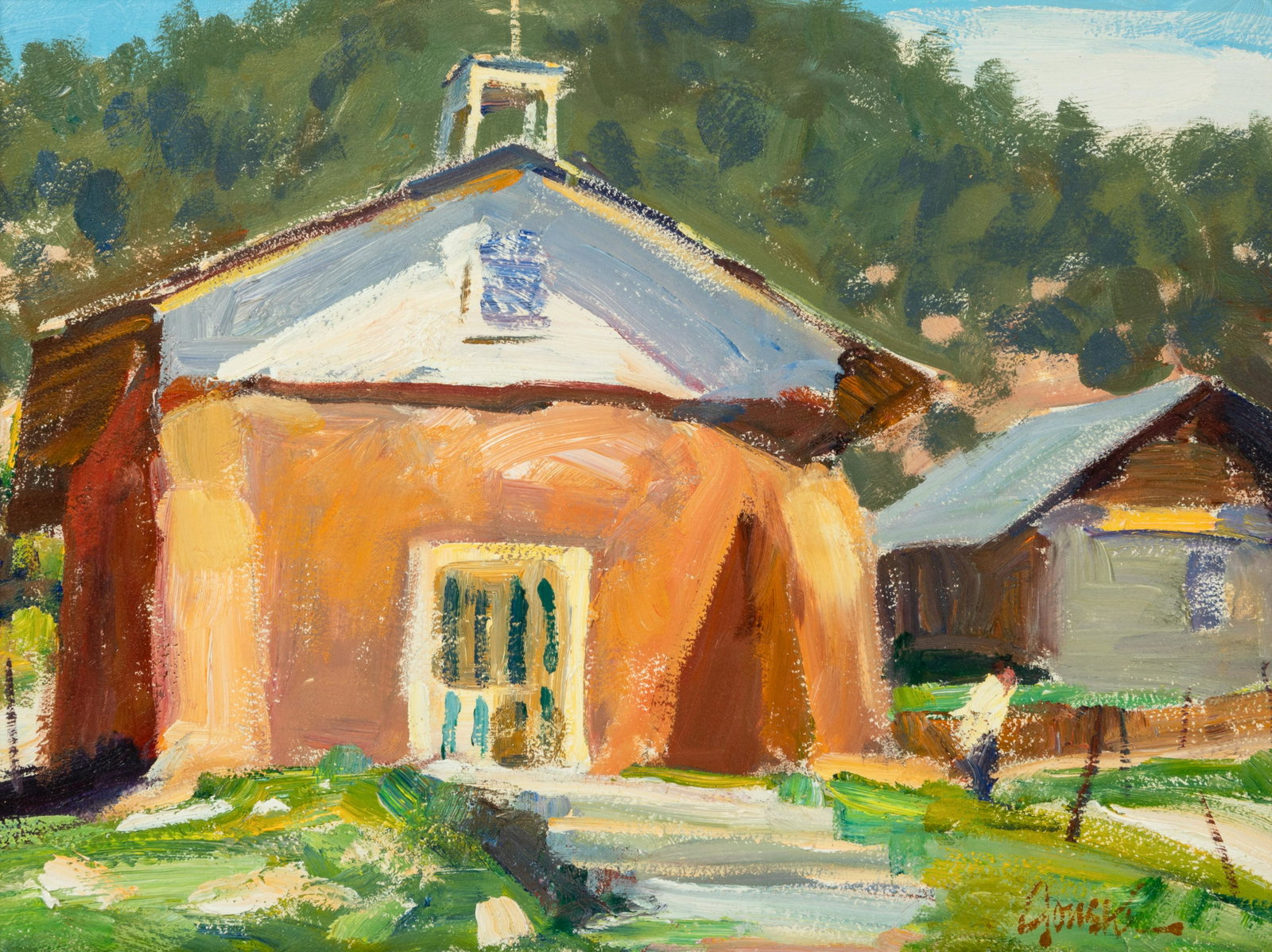 Walt Gonske (American, b. 1942) Placita Church: Walt Gonske (American, b. 1942) Placita Church oil on board signed Gonske (lower right); signed and titled (verso) 9 x 12 inches Property from the Collection of Hope Connors Provenance: Buffalo Bill A