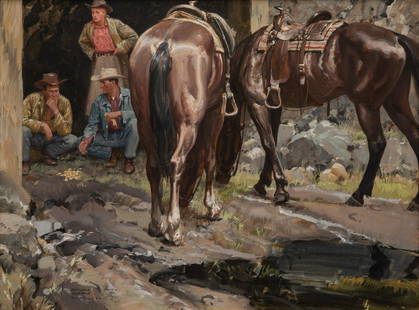 Donald Teague (American, 1897-1991) Illustration for "Saddle by Starlight": Donald Teague (American, 1897-1991) Illustration for "Saddle by Starlight" gouache signed Donald Teague and dedicated (lower left) 16 1/2 x 22 inches Property from a Corporate Art Collection, Oklahoma