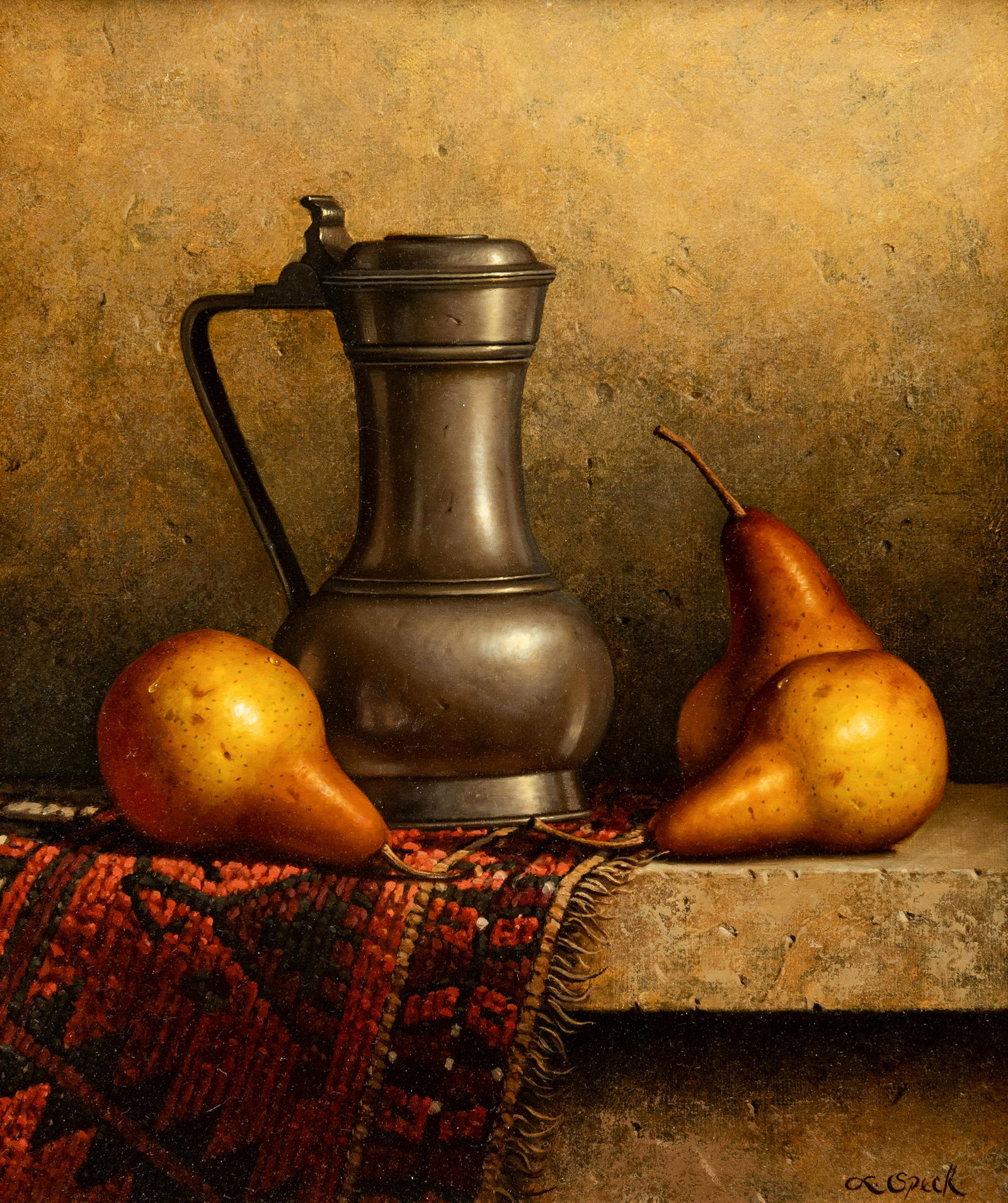 Loran Speck (American, 1943-2011) Pewter with Pears: Loran Speck (American, 1943-2011) Pewter with Pears oil on board signed L Speck (lower right) 16 x 13 1/2 inches Property from a Corporate Art Collection, Oklahoma