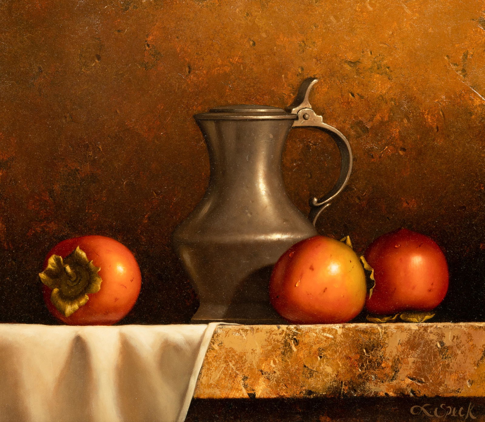 Loran Speck (American, 1943-2011) Pewter with Persimmons: Loran Speck (American, 1943-2011) Pewter with Persimmons oil on board signed L. Speck (lower right) 12 x 14 inches Property from a Corporate Art Collection, Oklahoma
