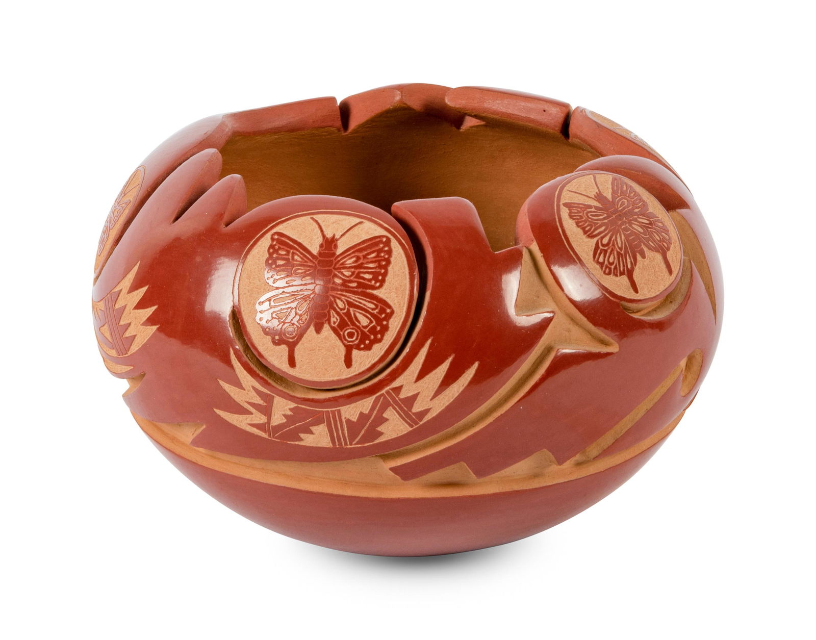 Grace Medicine Flower (Santa Clara, b. 1938) Redware Pottery Bowl with Butterfly Sgraffito Etchings (1 of 5)