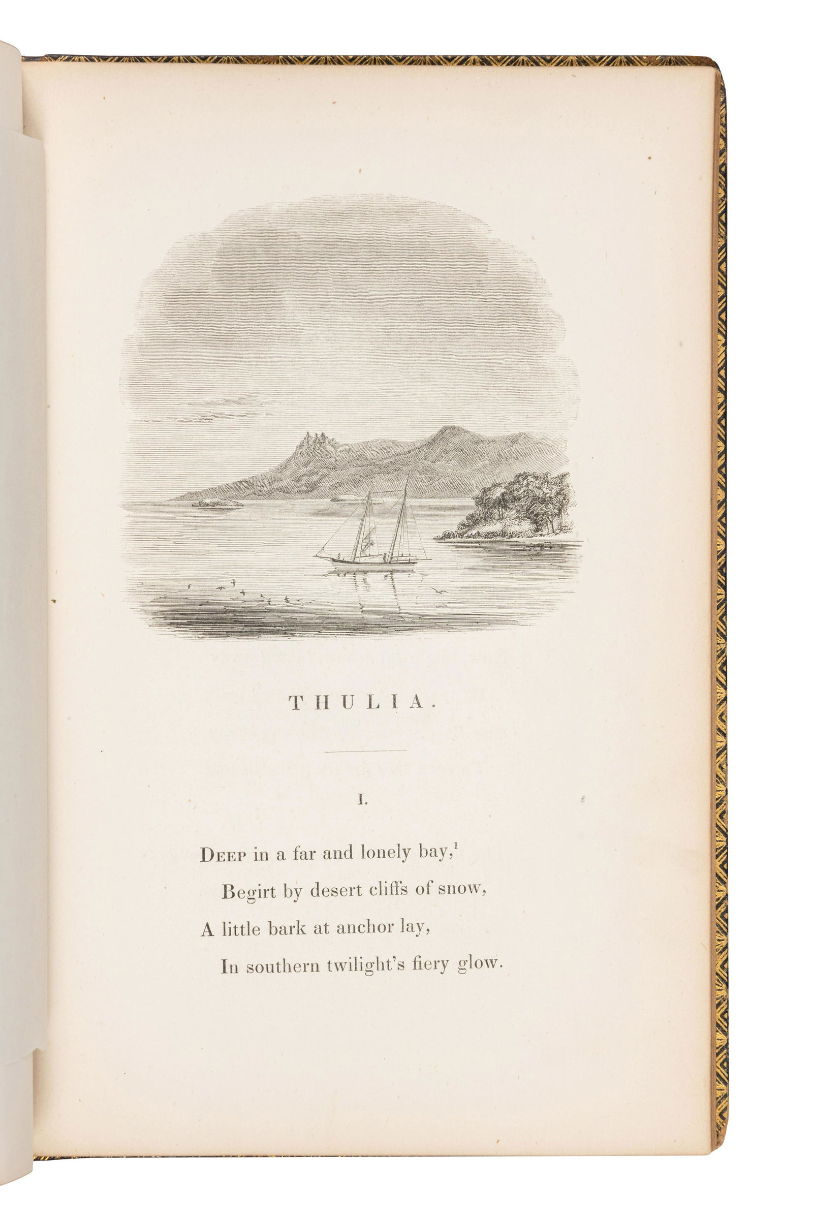 PALMER, James Croxall (1811-1883). Thulia: A Tale of the Antarctic. New York: Samuel Colman, 1843.: PALMER, James Croxall (1811-1883). Thulia: A Tale of the Antarctic. New York: Samuel Colman, 1843. 8vo (227 x 147 mm). Engraved frontispiece, engraved title-page, and 11 engravings (2 full-page). (Som