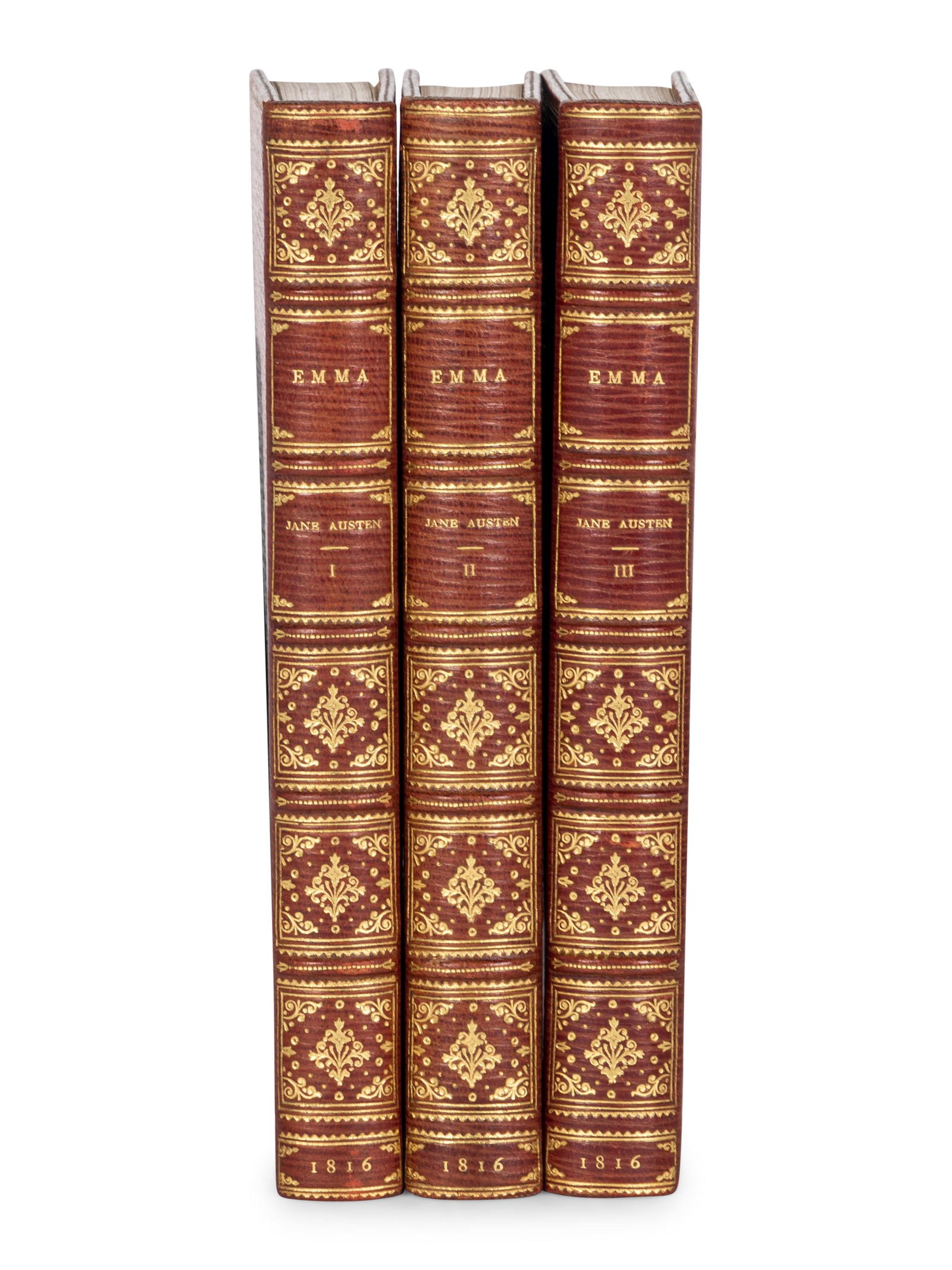 AUSTEN, Jane (1775-1817). Emma: A Novel... By the Author of "Pride and Prejudice," &c. &c. London:: AUSTEN, Jane (1775-1817). Emma: A Novel... By the Author of "Pride and Prejudice," &c. &c. London: John Murray, 1816. 3 volumes, 12mo (171 x 103 mm). Paper watermarked "1815" or "BUDGEN 1815". (Lackin
