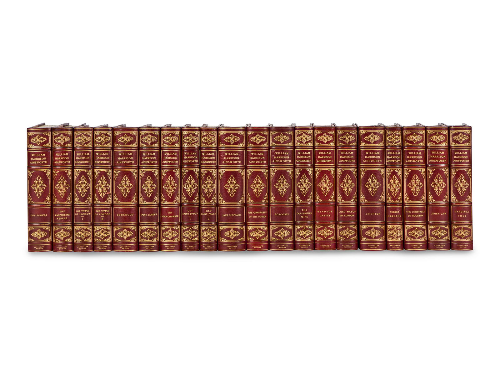 [BINDINGS]. AINSWORTH, William Harrison. Historical Romances. Philadelphia: George Barrie & Son,: [BINDINGS]. AINSWORTH, William Harrison (1805-1882). Historical Romances. Philadelphia: George Barrie & Son, [n.d.]. 20 volumes, 8vo. Printed on vellum throughout; frontispieces and plates printed in