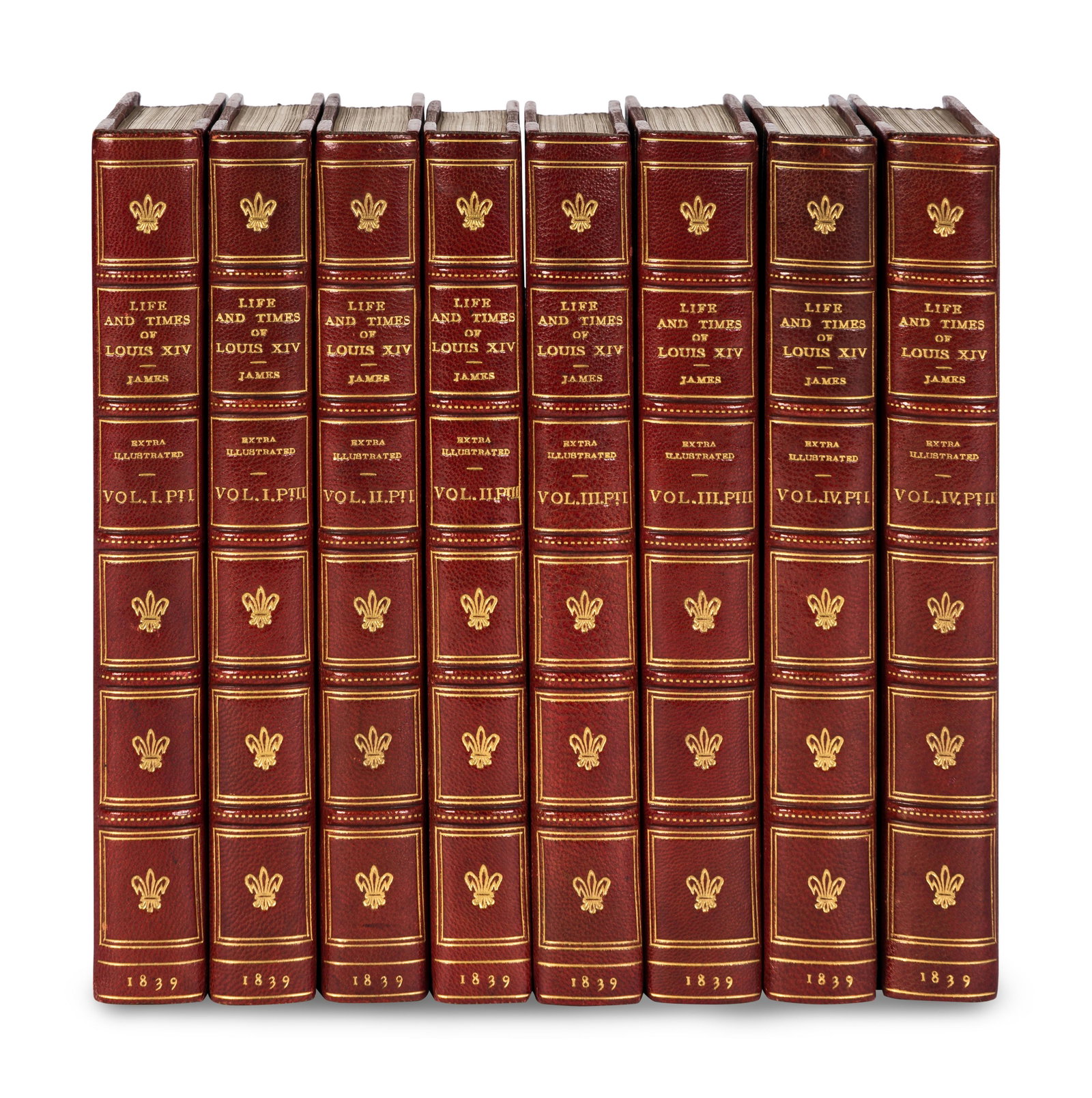 [BINDINGS]. JAMES, George Payne Rainsford ("G.P.R. James") (1799-1860). The Life and Times of Louis: [BINDINGS]. JAMES, George Payne Rainsford ("G.P.R. James") (1799-1860). The Life and Times of Louis the Fourteenth. London: Richard Bentley, 1838-1839. 4 volumes extended to 8, 8vo (221 x 136 mm). Hal