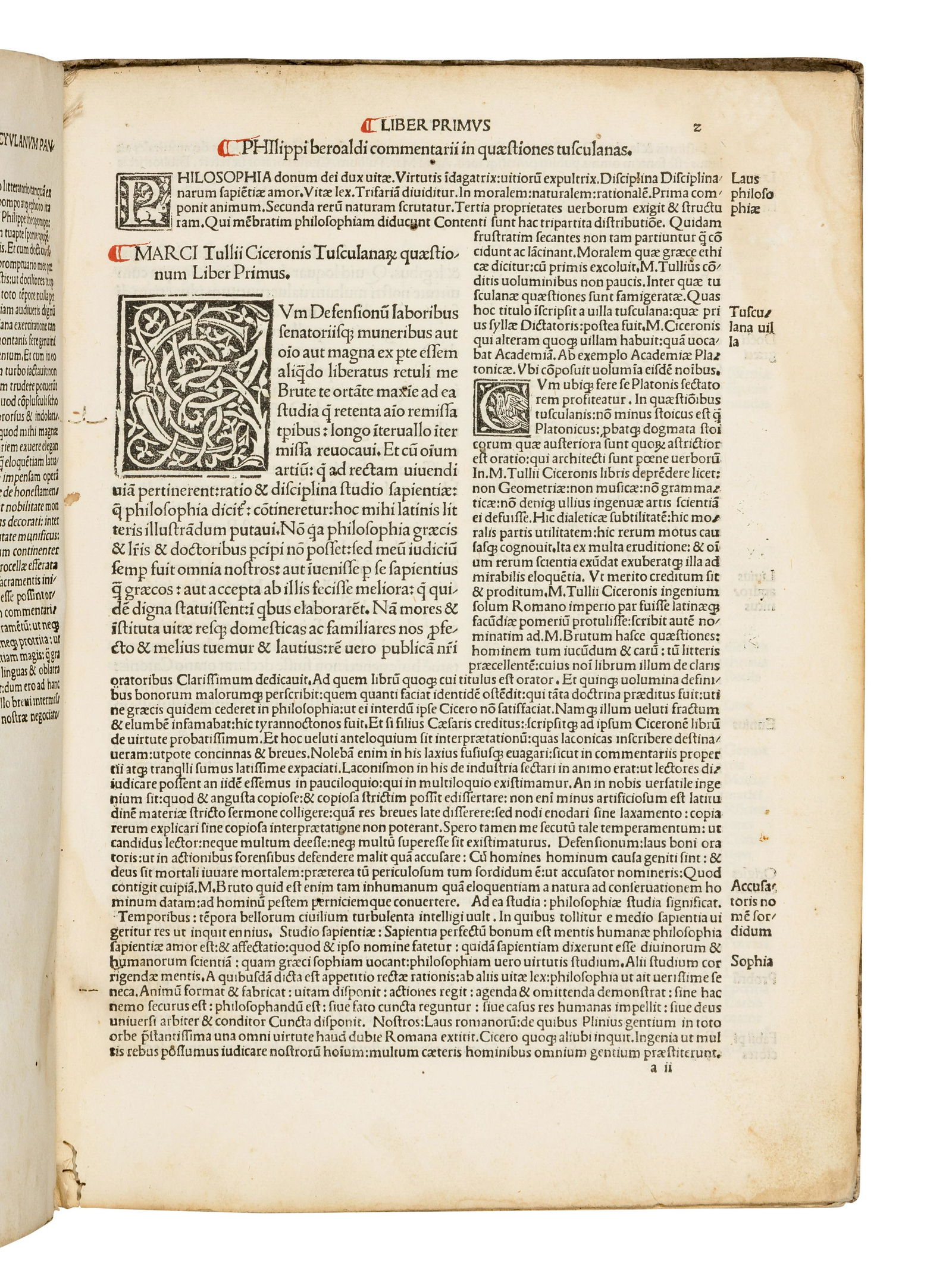 CICERO, Marcus Tullius (106-43 B.C.). Tusculanae disputationes. Commentary by Philippus Beroaldus. (1 of 2)
