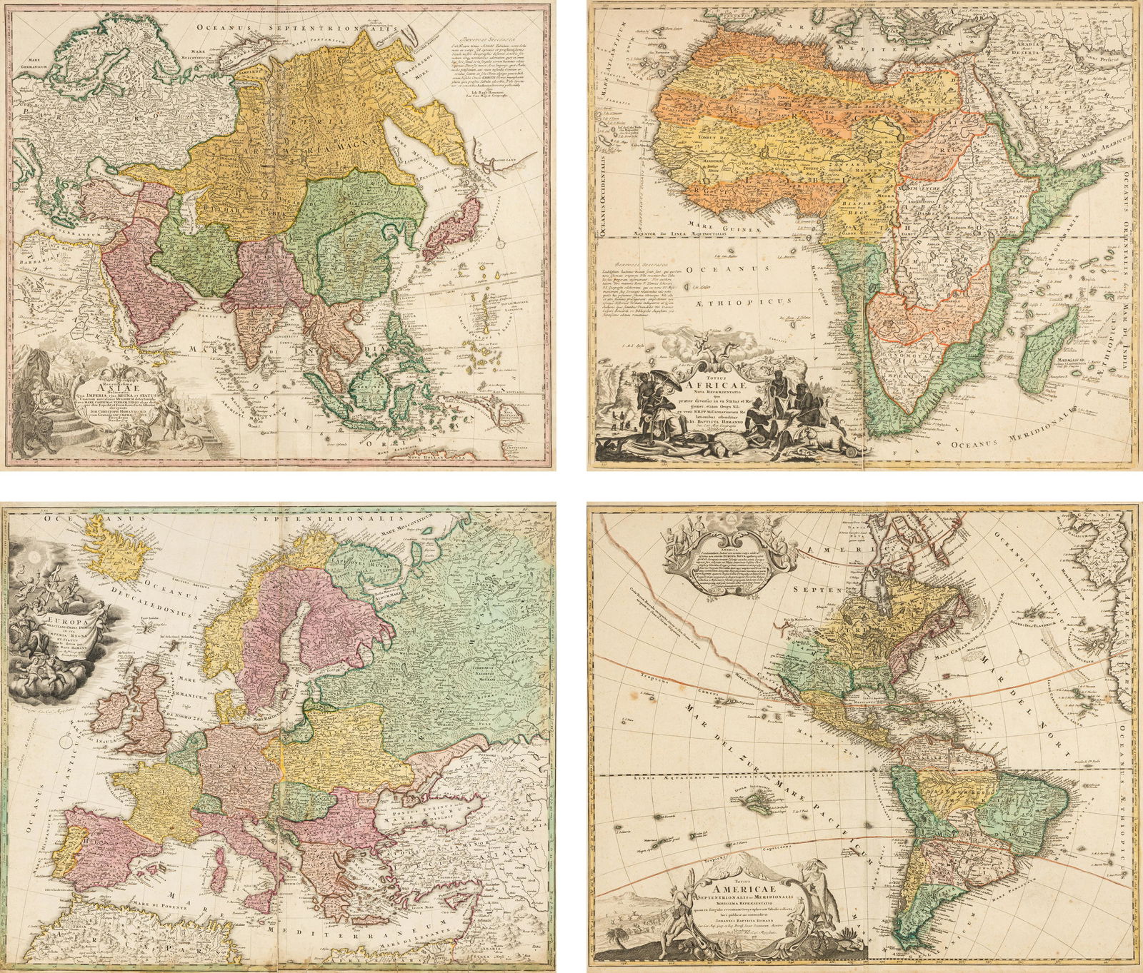 [MAPS]. HOMANN, Johann Baptist (1663-1724). Four engraved continent maps with hand-coloring, each (1 of 10)