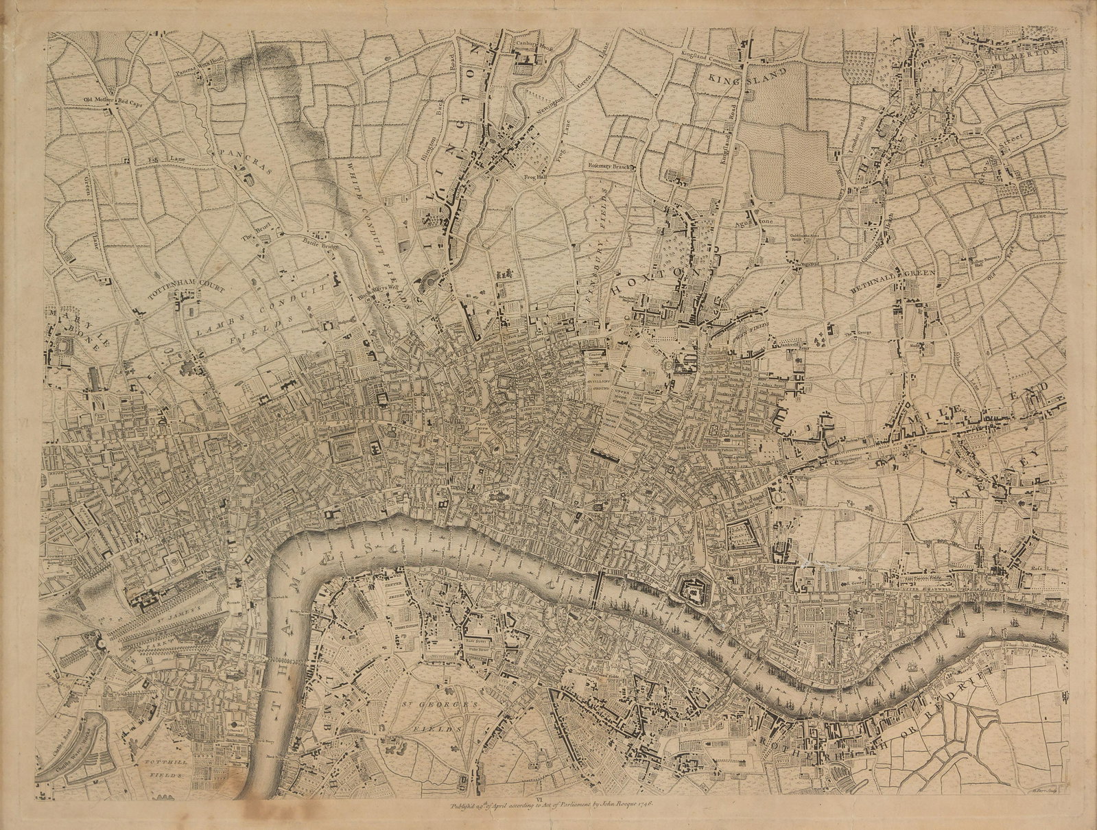 ROCQUE, John (circa 1709-1762) and Richard PARR. A single sheet from An Exact Survey of the City's: ROCQUE, John (circa 1709-1762) and Richard PARR. A single sheet from An Exact Survey of the City's of London Westminster ye Borough of Southwark. London, 29 April 1746. Engraved map of Central London,