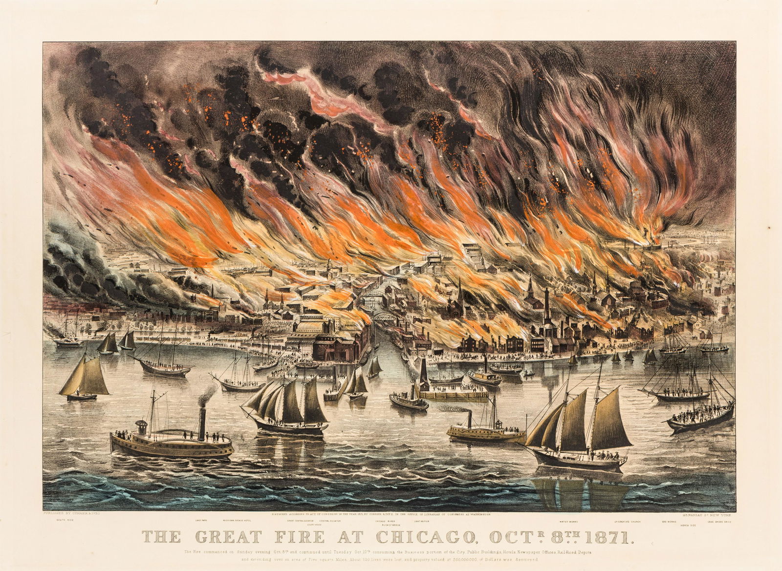 CURRIER and IVES, publishers. The Great Fire at Chicago, 1871. (G. 2835). Large-format lithograph (1 of 3)