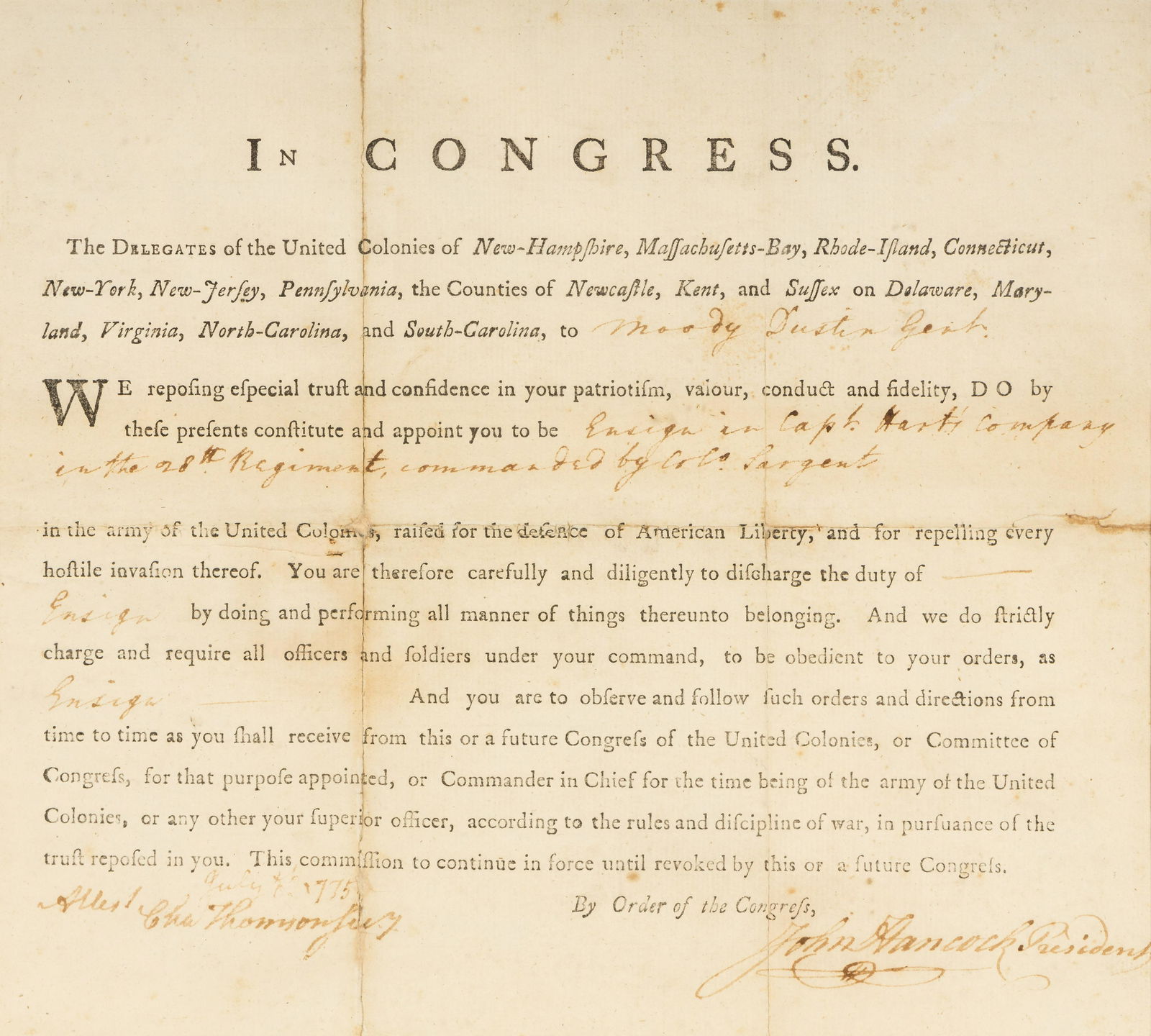 HANCOCK, John (1737-1793). Partly printed document signed ("John Hancock"), as President of the: HANCOCK, John (1737-1793). Partly printed document signed ("John Hancock"), as President of the Continental Congress. July 5th? 1775. Counter-signed by Charles Thomson as Secretary of the Continental