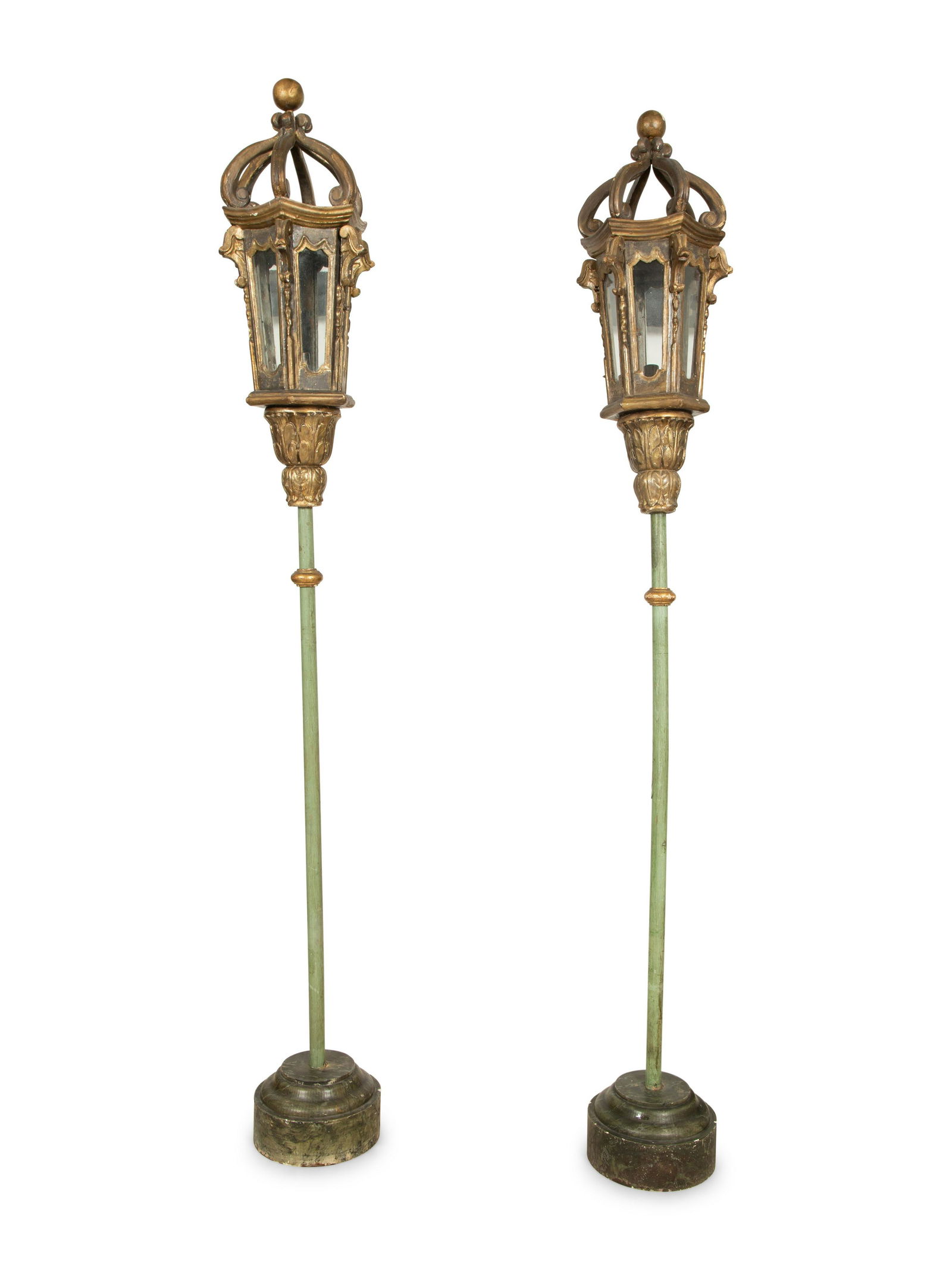 A Pair of Venetian Painted and Parcel Gilt Gondola Lanterns in Marblelized Bases (1 of 4)