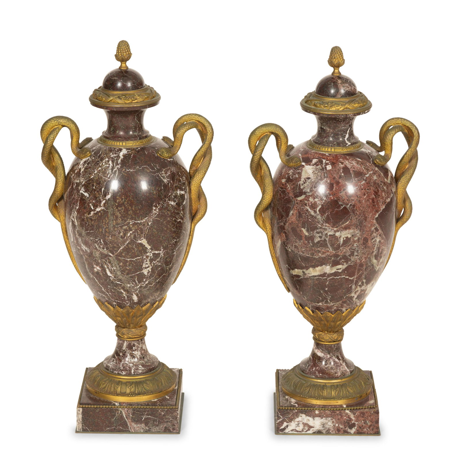 A Pair of Italian Gilt Bronze Mounted Rosso Levanto Marble Urns with Snake Handles (1 of 4)