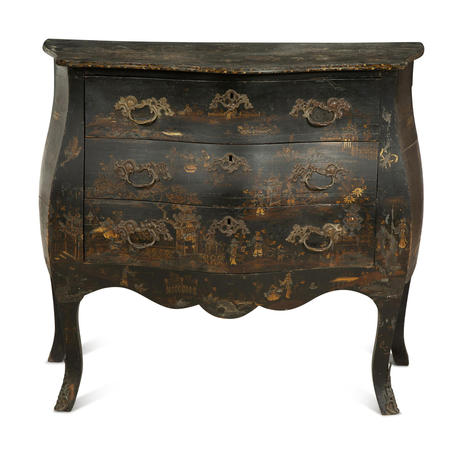 A Louis XV Black and Gilt Japanned Bombé Commode: A Louis XV Black and Gilt Japanned Bombé Commode Late 18th/Early 19th Century Height 36 x width 39 1/2 x depth 19 1/2 inches.