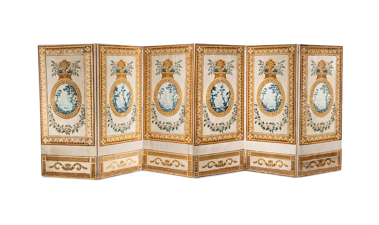 A Louis XVI Style Polychrome Painted Canvas Six-Panel Floor Screen (1 of 10)