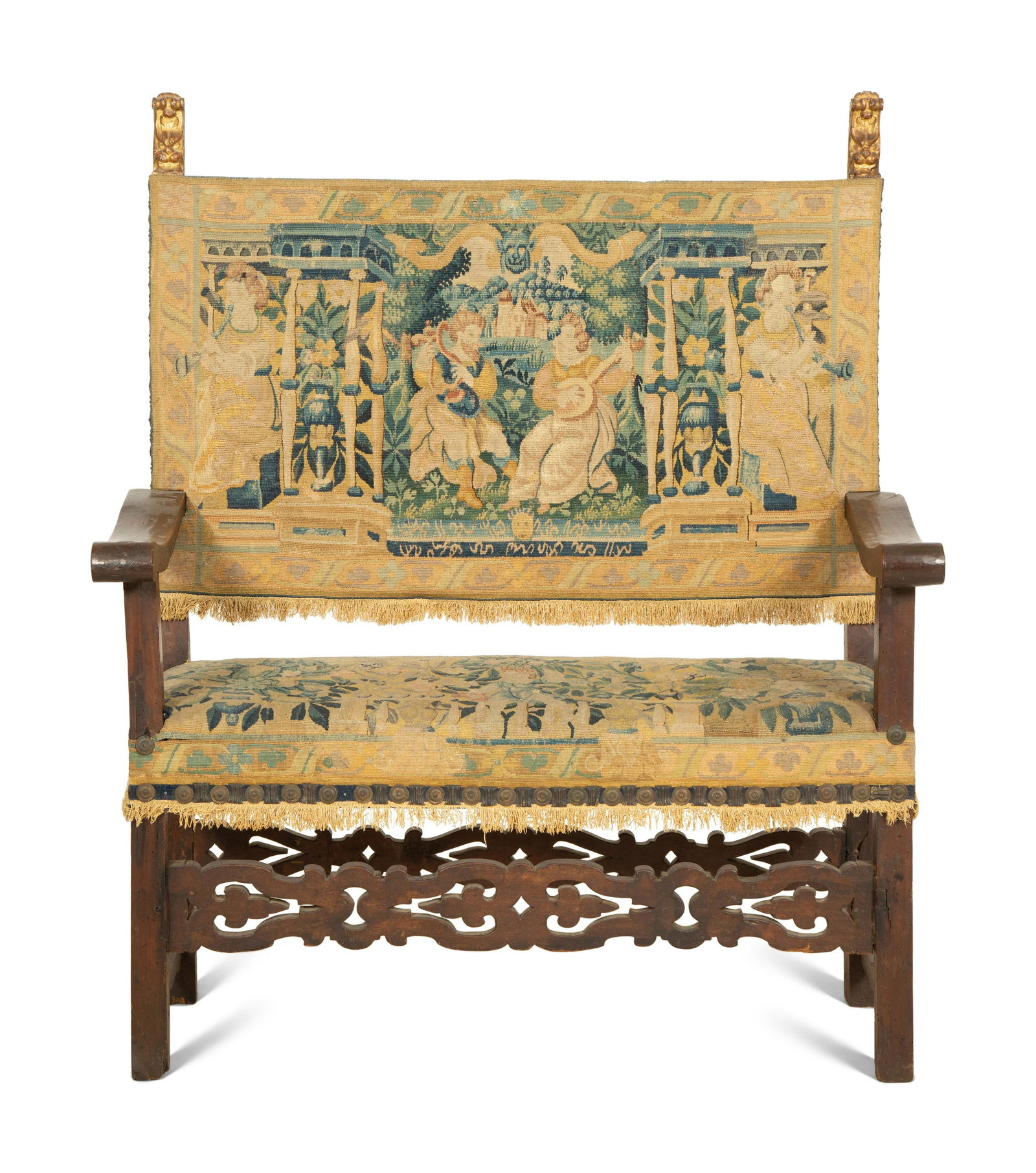 A Jacobean Style Walnut Bench with Tapestry Upholstery (1 of 5)