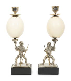 A Pair of Anthony Redmile Ostrich Egg and Nickel-Plated Candlesticks: A Pair of Anthony Redmile Ostrich Egg and Nickel-Plated Candlesticks 20th Century Height 17 1/2 inches.