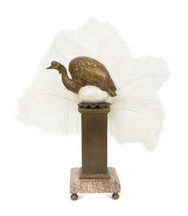 An Anthony Redmile Gilt Bronze Ostrich, Egg and Feather Ornament: An Anthony Redmile Gilt Bronze Ostrich, Egg and Feather Ornament Height to top of bronze 11 inches.