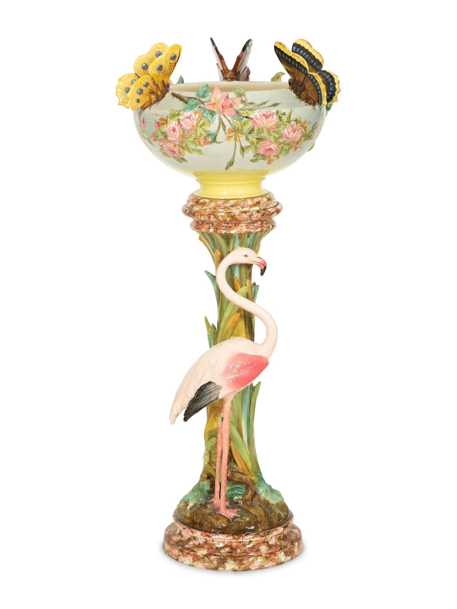 A Jerome Massier for Vallauris Majolica Roses and Butterfly Jardiniere on a Flamingo Pestal: A Jerome Massier for Vallauris Majolica Roses and Butterfly Jardiniere on a Flamingo Pestal 20th Century each stamped on the underside. Jardiniere, height 15 1/2 inches, pedestal height 34 1/2 inches.