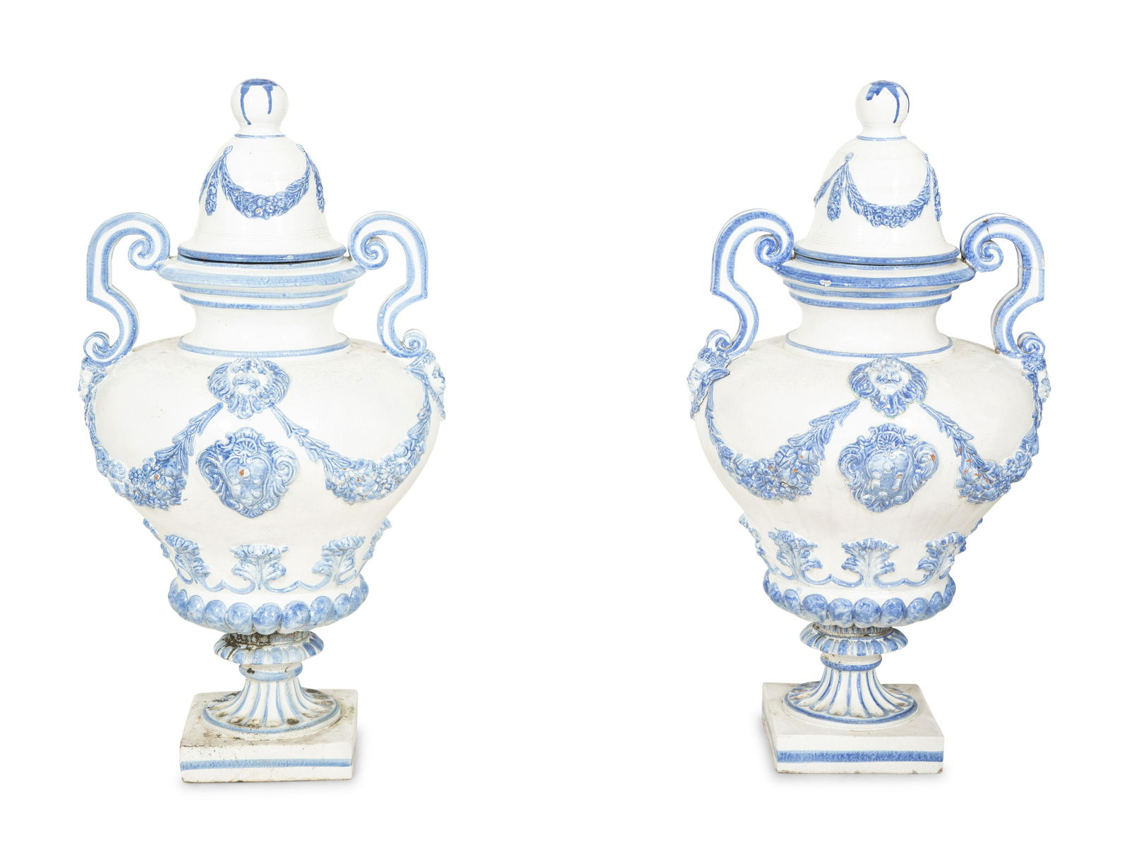 A Pair of Italian Blue and White Glazed Ceramic Covered Urns (1 of 5)