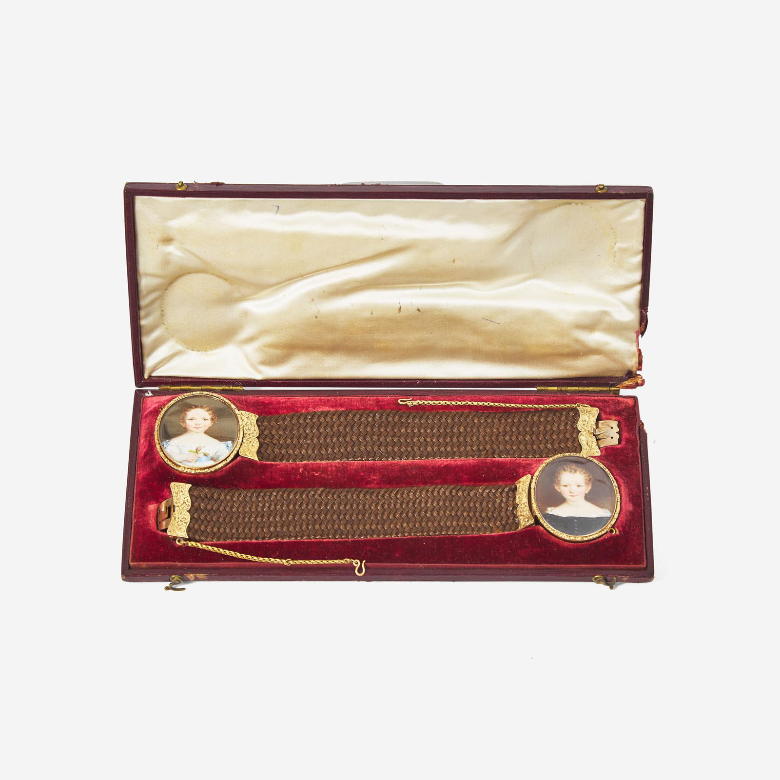A pair of hairwork bracelets with portrait miniatures of children 19th century (1 of 2)