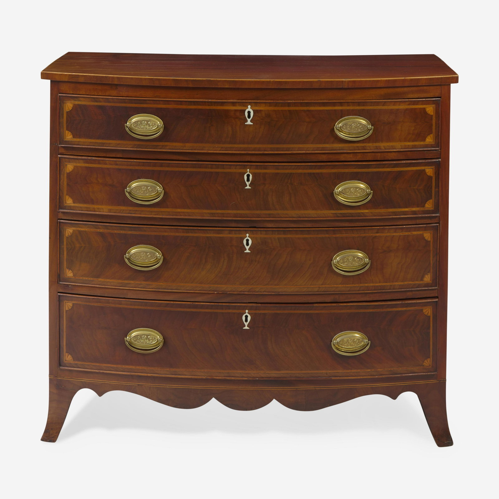A Federal bowfront inlaid mahogany chest of drawers circa 1800: A Federal bowfront inlaid mahogany chest of drawers circa 1800 With four graduated drawers, each having line inlay border with inlaid quarter fans and bone urn-form escutcheons, on French feet. (H: 36