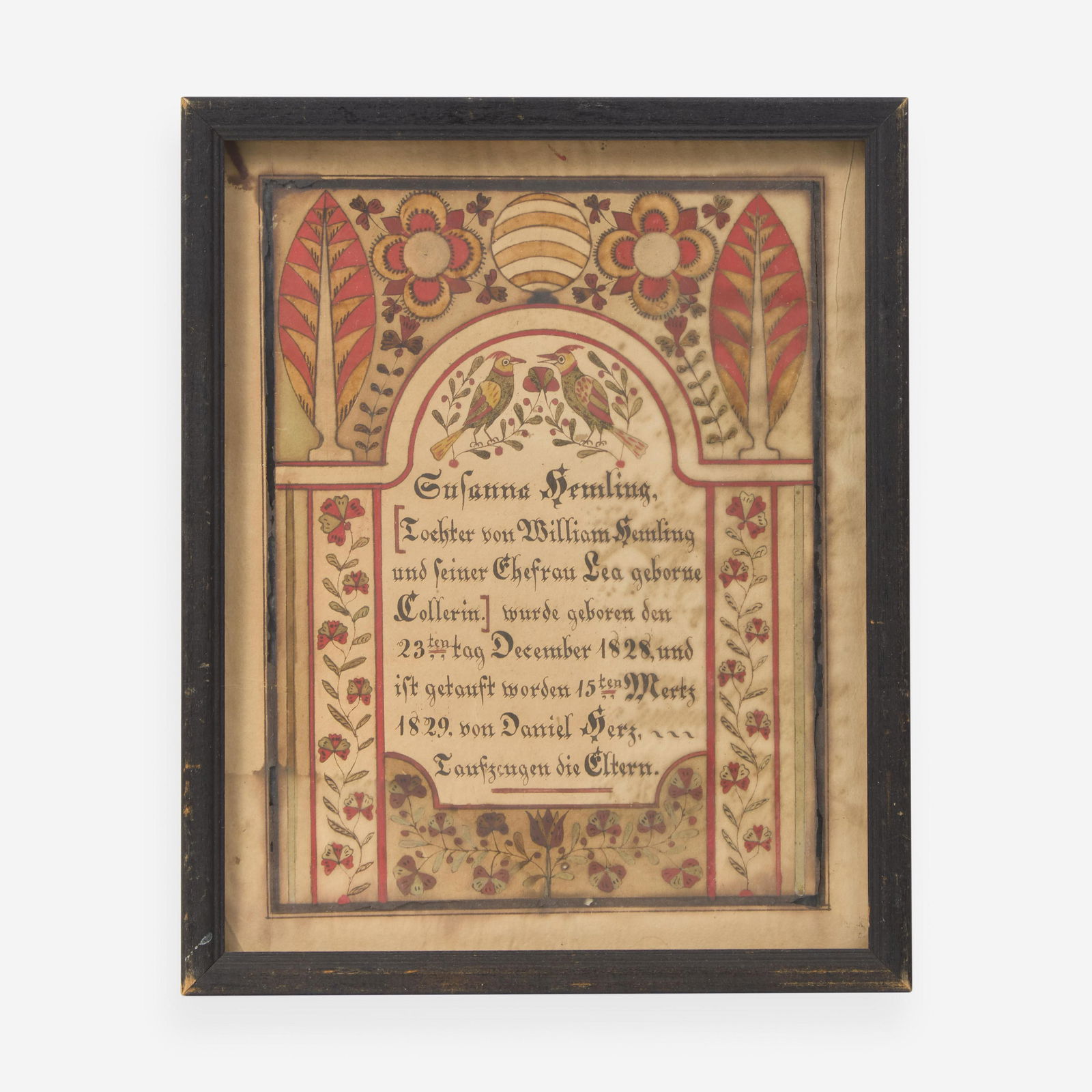 Samuel Bentz (1792-1850), Lancaster County, PA A Fraktur birth record for Susanna Hemling (Hamlin) (1 of 2)