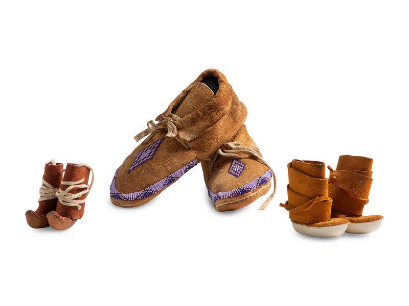 Plains Beaded Moccasins AND Pueblo Doll Moccasins, PLUS: Plains Beaded Moccasins AND Pueblo Doll Moccasins, PLUS second half 20th century lot of 16, includes:thirteen beaded medallions on hideaverage diameter 2 inchesthread-sewn