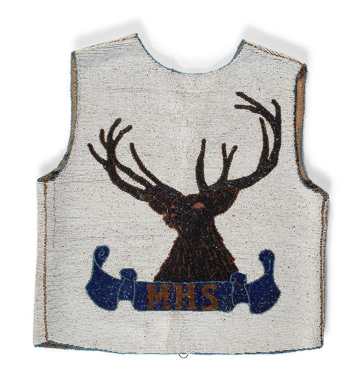Plains Cree Beaded Vest, with Elk: Plains Cree Beaded Vest, with Elk second quarter 20th century thread-sewn and beaded with an assortment of colors; back designed with an elk using cut beads and the initials MHS leng