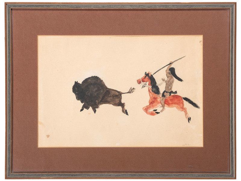 untitled, Buffalo Hunt: untitled, Buffalo Hunt mid-20th century marked lower right corner JOE (sight) 7-3/4 x 11-1/2 inches; (frame) 12-1/4 x 16-1/8 inches This lot is located in Cincinnati
