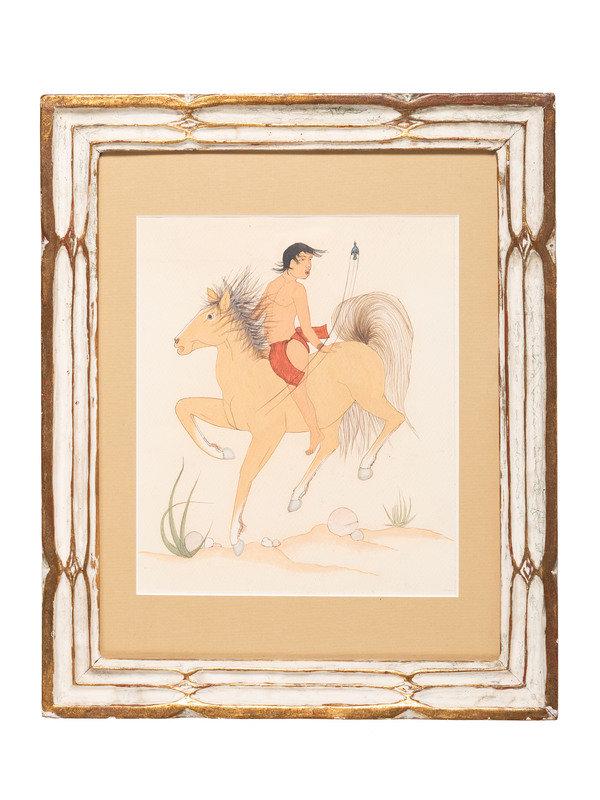 Justino Herrera (Cochiti, 1920-2006) Indian Brave on Horse Back: Justino Herrera (Cochiti, 1920-2006) Indian Brave on Horse Back gouache on paper titled and signed on verso; housed in WPA era New Mexican gessoed and partially gilt wood frame (sight) 10-1/4