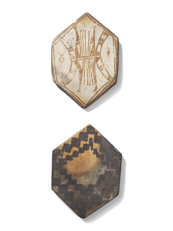Pair of Hopi Pottery Tiles: Pair of Hopi Pottery Tiles early 20th century lot of 2, includes: a diamond shaped tile with tan slip, decorated with linear and geometric designs length 5-3-4 inches x width 4 inches