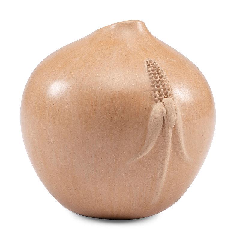 Iris Nampeyo (Hopi, 1944-2018) Buff Pottery Jar, with Corn Relief : Iris Nampeyo (Hopi, 1944-2018) Buff Pottery Jar, with Corn Relief signed on base height 4-1/2 inches x diameter 5 inches This lot is located in Cincinnati.
