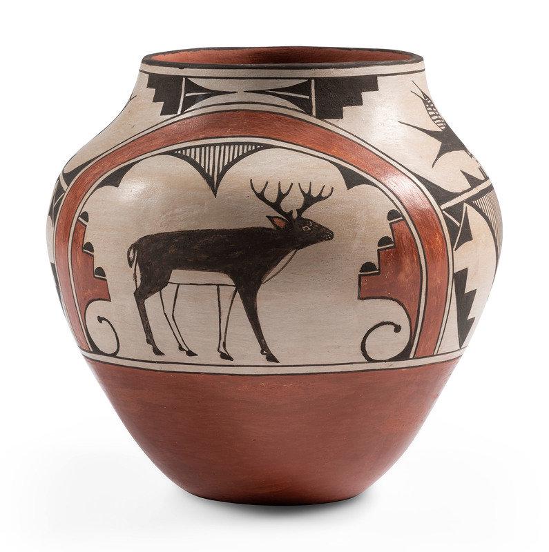 Vicentita Pino (Zia, 1917-2009) Polychrome Pottery Jar, with Deer and Birds: Vicentita Pino (Zia, 1917-2009) Polychrome Pottery Jar, with Deer and Birds signed on base height 8-1/2 inches x diameter 8-1/2 inches This lot is located in Cincinnati.