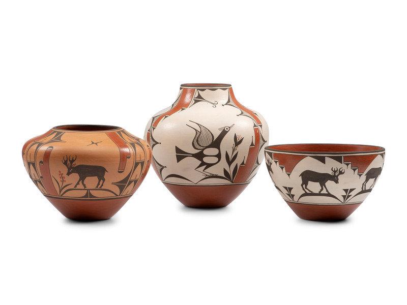 Eleanor Pino Griego (Zia, b.1953) Polychrome Pottery: Eleanor Pino Griego (Zia, b.1953) Polychrome Pottery lot of 3, includes:bowl with deer and white slip; signed on base height 6-1/2 inches x diameter 11 inches jar with deer