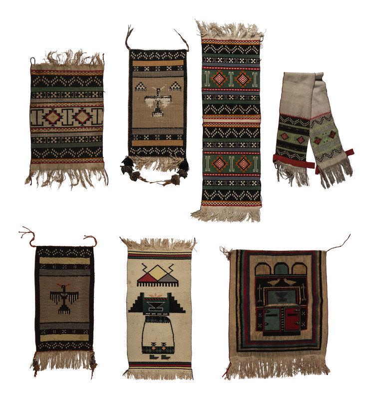 Collection of Hopi Brocaded Textiles: Collection of Hopi Brocaded Textiles first half 20th century lot of 9, includes wall hangings, table runners, and a sashsizes range from 28 x 31 inches to 48 x 16 inches; sash overall len