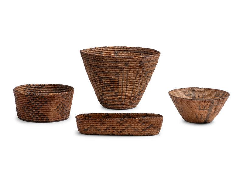 Akimel O'odham Baskets: Akimel O'odham Baskets early 20th century lot of 3, sizes range from height 7-3/4 inches x diameter 11-1/4 inches to height 2 inches x length 10-1/2 inches This lot is located