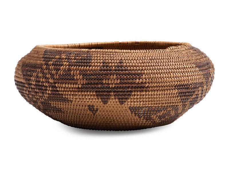 Washo Basket: Washo Basket early 20th century redbud designs of diamonds contained within parallelograms and stars height 3-3/4 inches x diameter 9-3/4 inches This lot is located in Cin