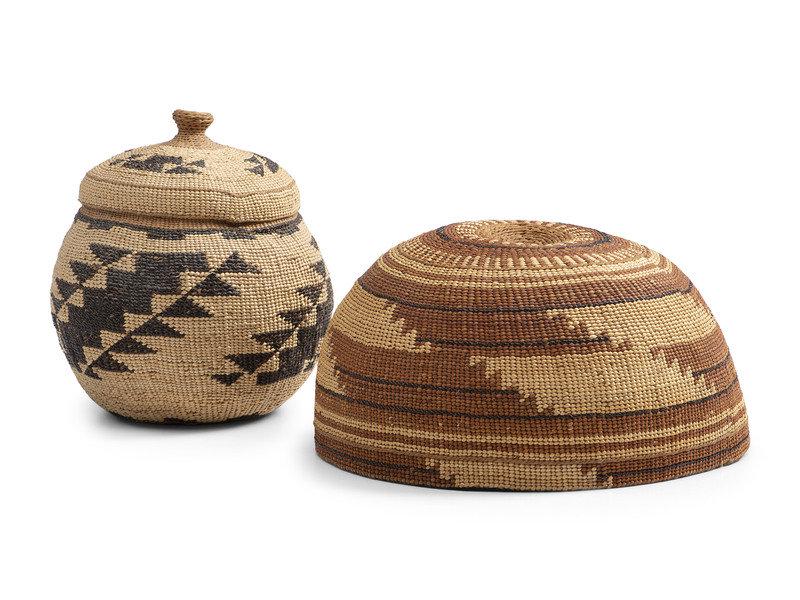 Northern California Basketry Hat and Lidded Container: Northern California Basketry Hat and Lidded Container second quarter 20th century lot of 2, includes: a hat designed with stepped parallelograms height 3-1/2 x diameter 7 inches