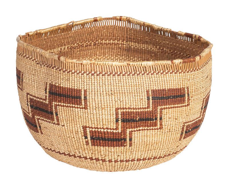 Northern California Basket: Northern California Basket second quarter 20th century large form and designed with stacked and offset rectangles height 6-1/2 inches x diameter 8-1/2 inches