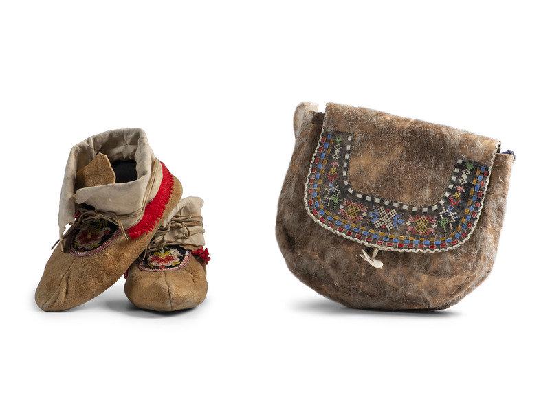 Athapaskan Moosehair Embroidered Hide Moccasins, PLUS: Athapaskan Moosehair Embroidered Hide Moccasins, PLUS first half 20th century lot of 2, includes:a pair of thread-sewn smoke tanned moose hide moccasins; the vamp line with velvet with a qui
