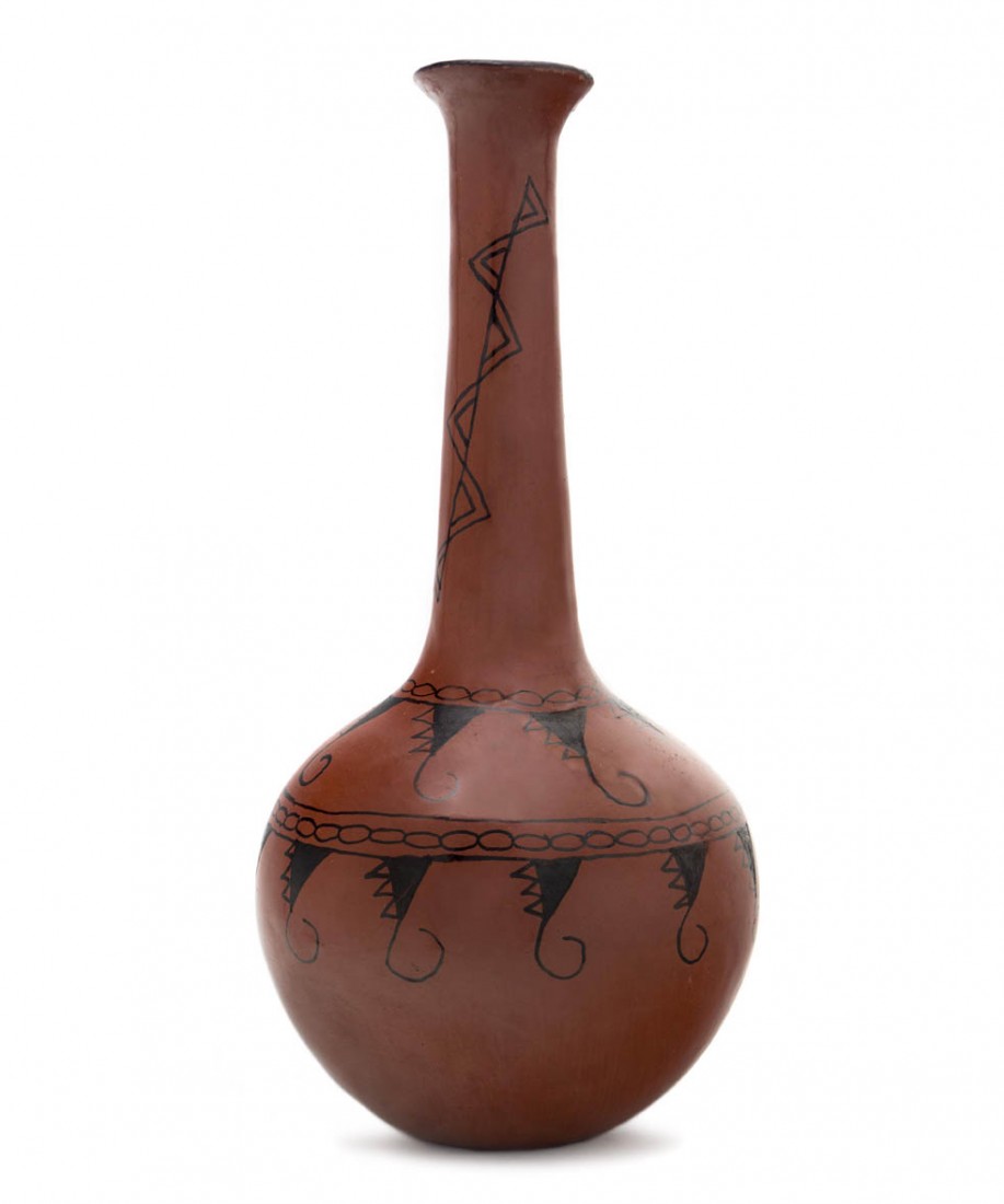 A Maricopa Candle Stick Vase, Height 20 x diameter : A Maricopa Candle Stick Vase, red slip with black rectangular, curvilinear and scorpion designs, signed Mabel Sunn. Height 20 x diameter 9 1/2 inches.