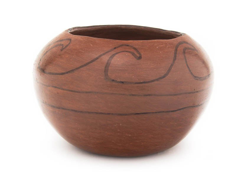 A Maricopa Redware Open Bowl, Height 4 1/2 x diamet: A Maricopa Redware Open Bowl, having running design, unsigned. Height 4 1/2 x diameter 7 inches.