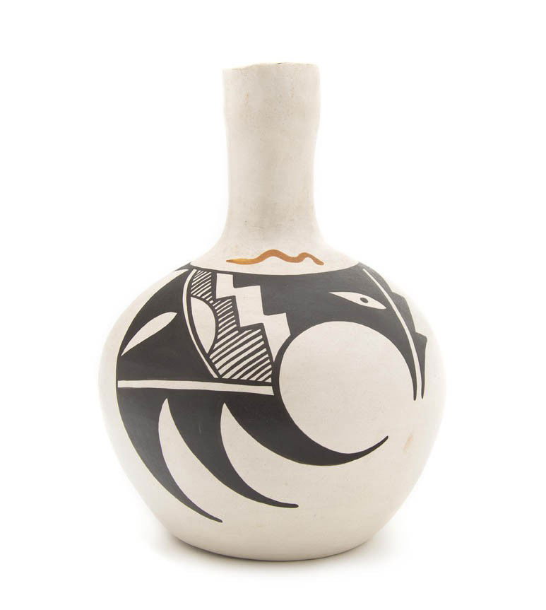 An Isleta Candle Stick Polychrome Vase, Height 8 x: An Isleta Candle Stick Polychrome Vase, signed Stella Teller, Isleta, N. Mex. Height 8 x diameter 5 1/2 inches.