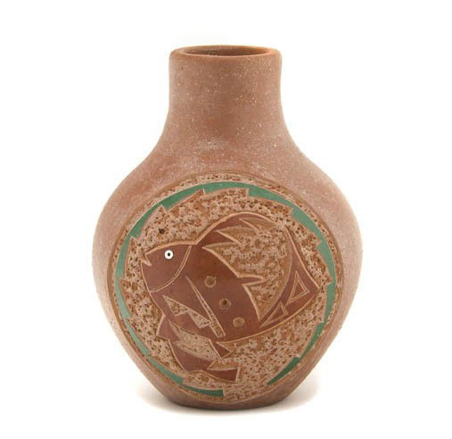 Picuris Pueblo Pot, Height 4 1/2 x width 3 1/2 inc: Picuris Pueblo Pot, having sgraffito decoration, with a green lightning bolt circling a fish, signed CP. Height 4 1/2 x width 3 1/2 inches.