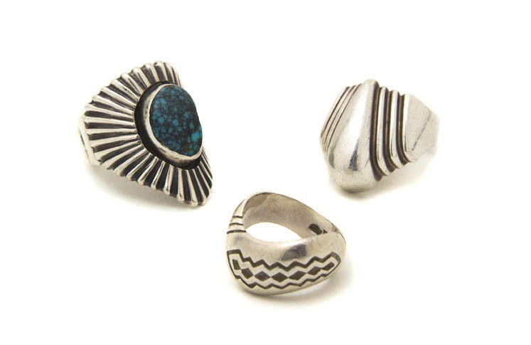 Three Navajo Modernist Ladies Sterling Silver Ring: Three Navajo Modernist Ladies Sterling Silver Rings, Harvey Begay, two stamped HB and one stamped with the hallmark HHB over an arrow.